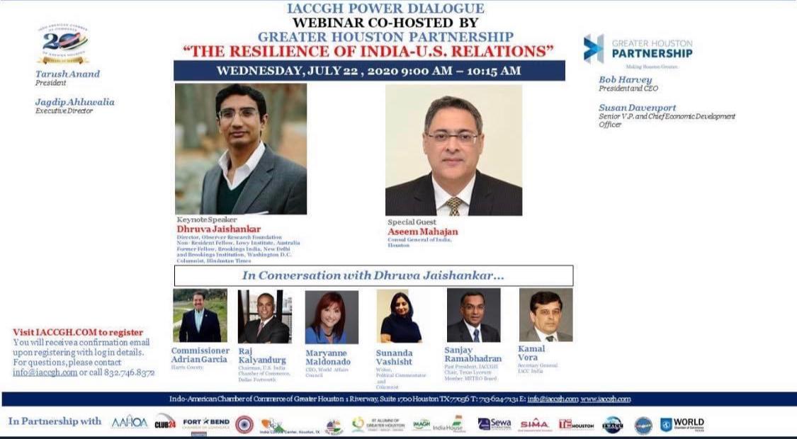Consul General Joined a webinar "The Resilience of India-US Relations" organized by IACCGH on July 22, 2020